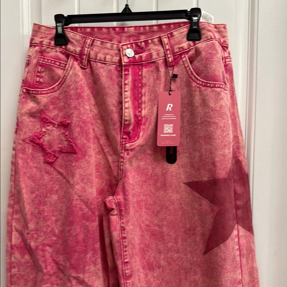 ROMWE Pink Flare Wide Leg Jeans with Vintage-Inspired Wash